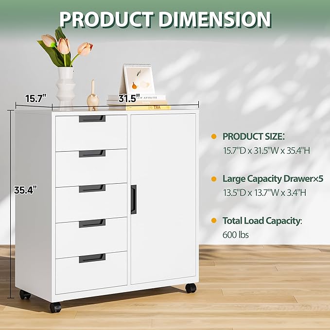 MIIIKO 5 Drawer Storage Cabinet with Door and Shelf Mobile Lateral Cabinet on Wheels Office Small Organizer Printer Stand White File Cabinets