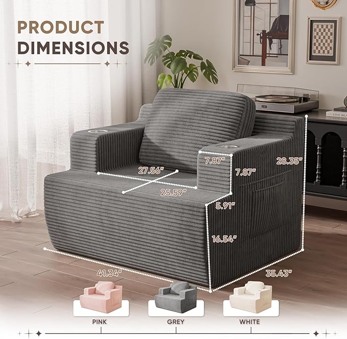 Homall 42” Single Sofa Foam Couch for Small Spaces Upholstered Floor Sofa with Cup Holder &amp Storage Pocket Boneless Couch for Bedroom Living Room (Grey Single)