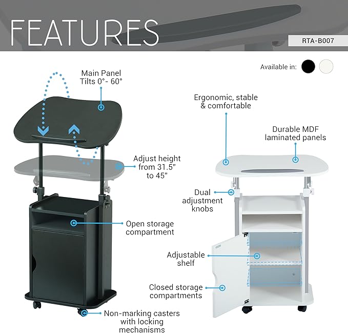 Techni Mobili Adjustable Laptop Cart with Storage Rolling Mobile Workstation Desk with Cabinet Shelf &amp Locking Wheels. Height Adjustable Sit to Stand for Home Office Bedside or Classroom (Whit