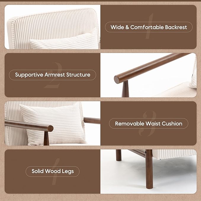 Yoglad Accent Chair with Storage Corduroy Fabric Reading Chair with Wood Frame Mid Century Modern Storage Armchair for Living Room Bedroom Apartment(Antique White)
