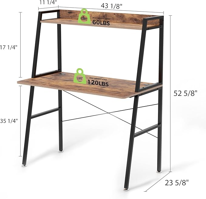 DESIGNA Small Computer Ladder Desk with Storage Shelves 43 Inch 2-Tier Home Office Students Study Writing PC Gaming Table with Bookshelf Modern Workstation for Space Saving Metal Frame Rustic Brown