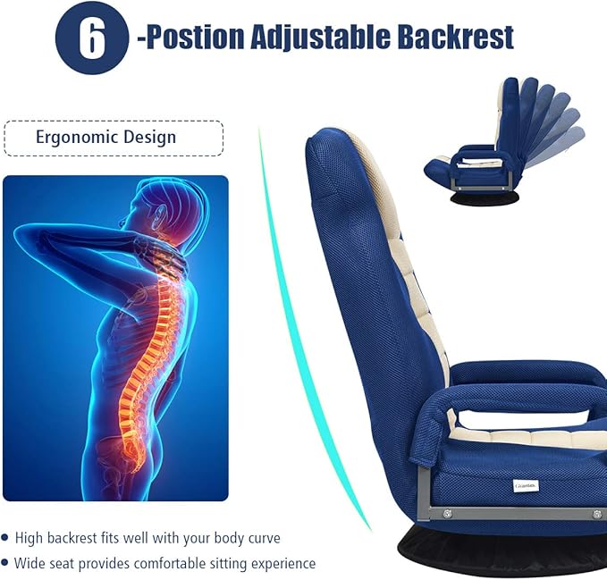 Giantex Floor Chair 360 Degree Swivel Chair with Adjustable Backrest Lumbar Support Armrest Foldable Lazy Sofa Rocker for TV Reading Playing Video Games Blue/Beige