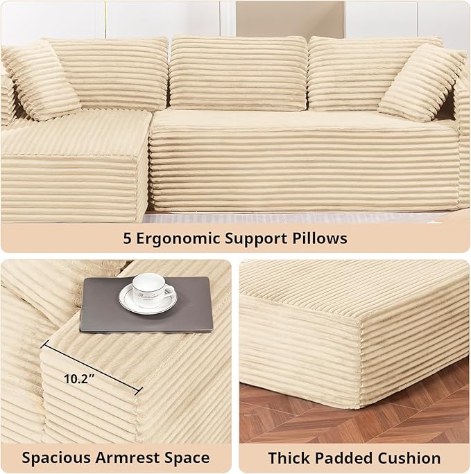LUCKLIFE Modular Sectional Couch with L-Shape ChaiseCorduroy Upholstery Boneless Couches for Living RoomOversized Sleeper SofaNo Assembly Required (Beige L Shape with Left Facing Chaise)