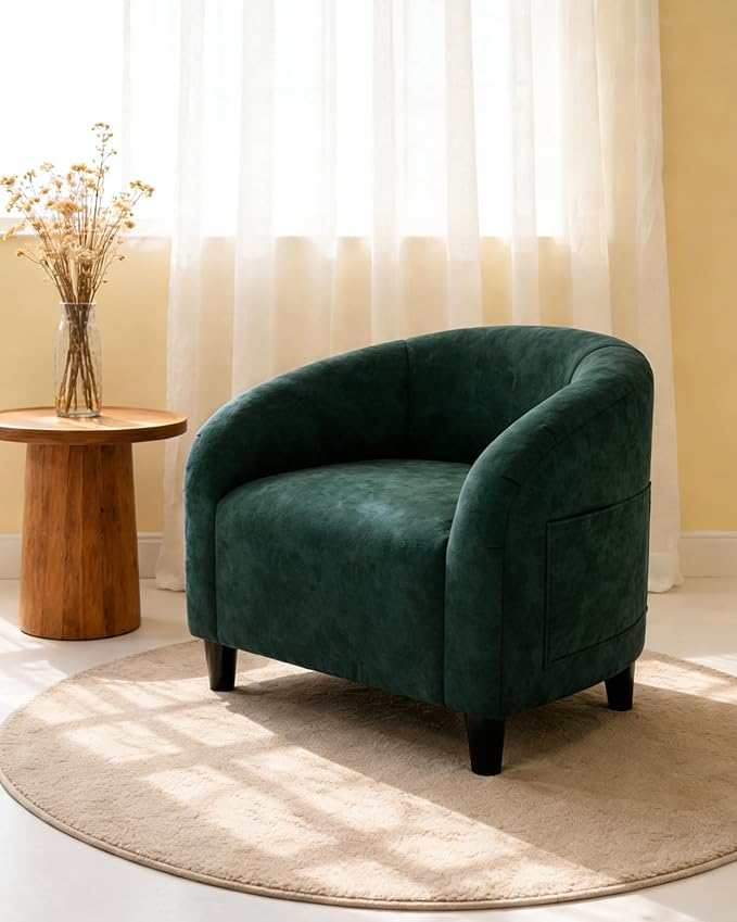 GarveeHome Accent Chair Velvet Club Chair Comfy Armrest Upholstered Barrel Chair with Soft Padded Seat for Living Room Bedroom Study Waiting Room(Retro Green)