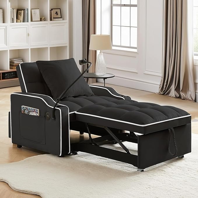 Sleeper Sofa Chair Bed 3 in 1 with Charging Ports Phone Holder &amp Cup Holders - Modern Velvet Convertible Pull Out Single Sofa Bed for Small Spaces Apartment Dorm (Black)