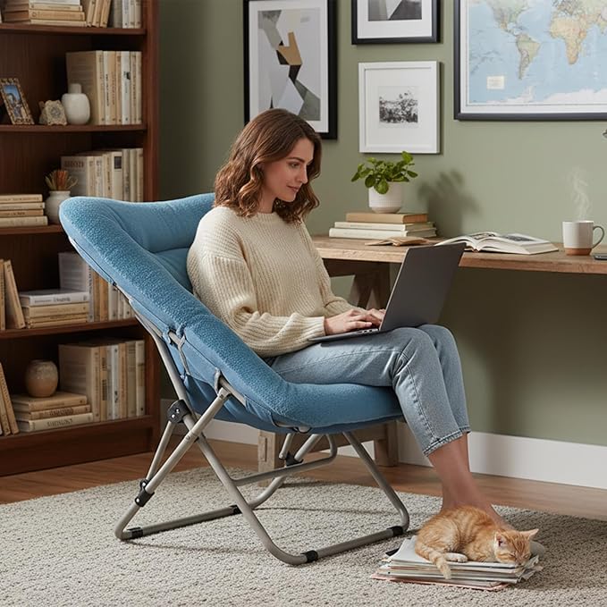 Comfy Folded Chair Soft Faux Fur Oversized Folding Chair Flexible Lazy Chair for Kids Girls Teens Adults Moon Chair for Dorm Rooms Bedroom Living Room