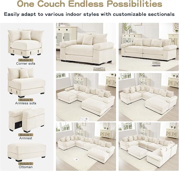 79.2 Oversized Modular Sectional Sofa Corduroy Large Sectional Couches for Living Room Love Seat Couches with 1 Movable Ottoman Modern Deep Seat Sofa Set with Chaise White