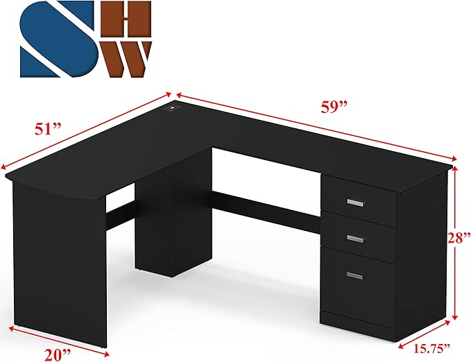 SHW 51 x 59 Inches L-Shaped Home Office Wood Corner Desk with Box Box File Drawers Black