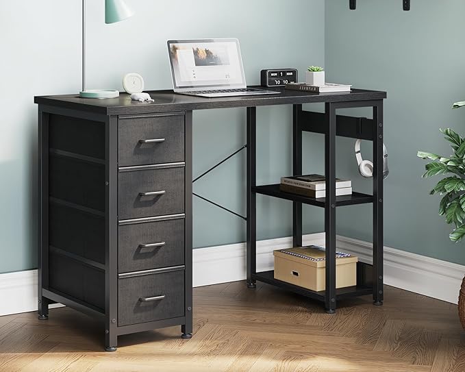 Casaottima 40 Inch Small Computer Desk with 4 Fabric Drawers Modern PC Desk for Small Spaces Home Office Desk with Storage Shelves Black