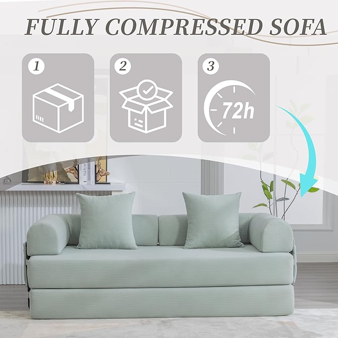 Convertible Sleeper Sofa Bed 78.5 Folding Floor Sofa Mattress Couch with Pillows Corduroy Futon Boneless Couch Lounge Loveseat with Pull Out Bed Mint Blue