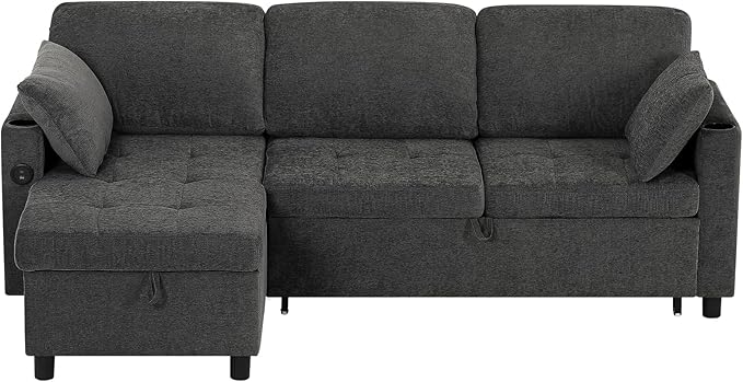 84 Fabric Sleeper Sofa Bed w/Adjustable Backrests L-Shaped Sectional Sofa Bed w/USB Port &amp Thickened Cushions Convertible Pull Out Couch Bed w/Storage Bags for Living Room Grey