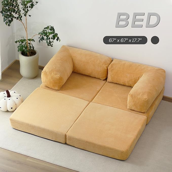 Free Combination Convertible Folding Sofa Bed Armless Foam Floor Sofa Sleeper Floor Couch for Living Room and Bedroom Sleeper Chair with Pillow Twin Size (Beige)