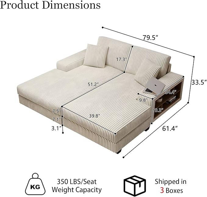 79.5 Oversized Double Chaise Lounge Chair Indoor Modern Upholstered Sleeper Sofa Bed with 2 Storage Armrests &amp Throw Pillows Comfy Fluffy Corduroy Couch for Living Room (Beige 79.5 Double Cha