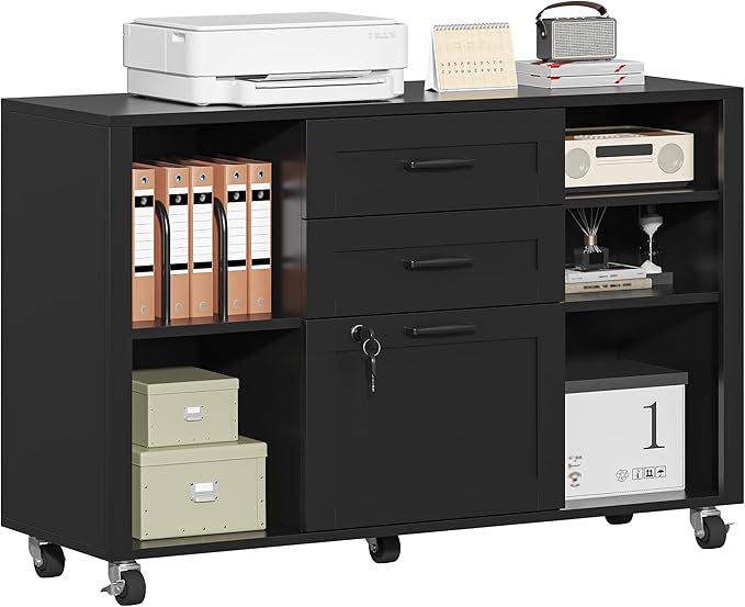 3 Drawer Wood Mobile Large lateral File Cabinet with Lock Lockable Rolling Filing Cabinet with Open Storage Shelves Printer Stand Office Storage for Home Office Fits Files Legal/A4 Black