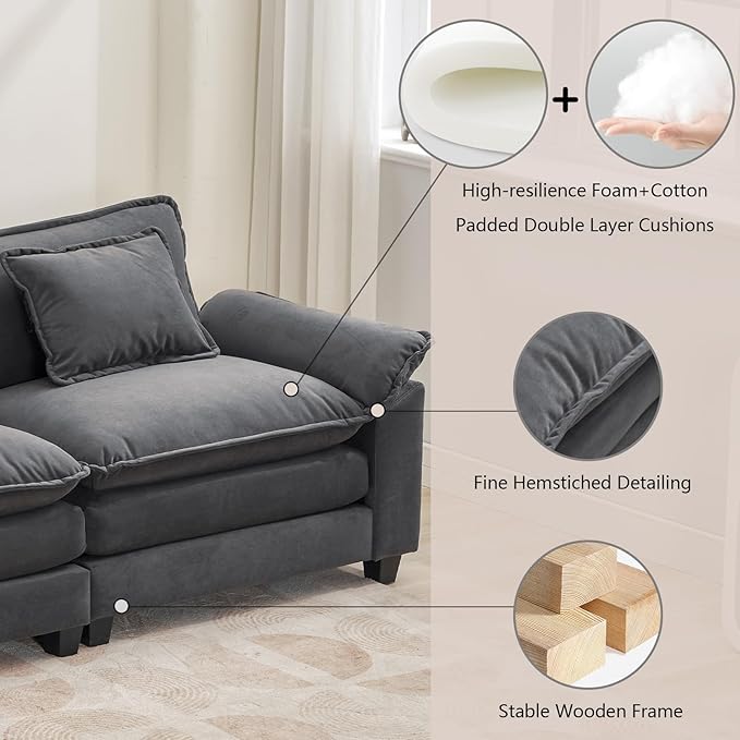 Modular Sectional Sofa Cloud Couch with Ottoman Deep Seat L Shaped Velvet Sofa Couches for Living Room Apartment (Dark Grey L Shaped-3 Seat &amp Ottoman)