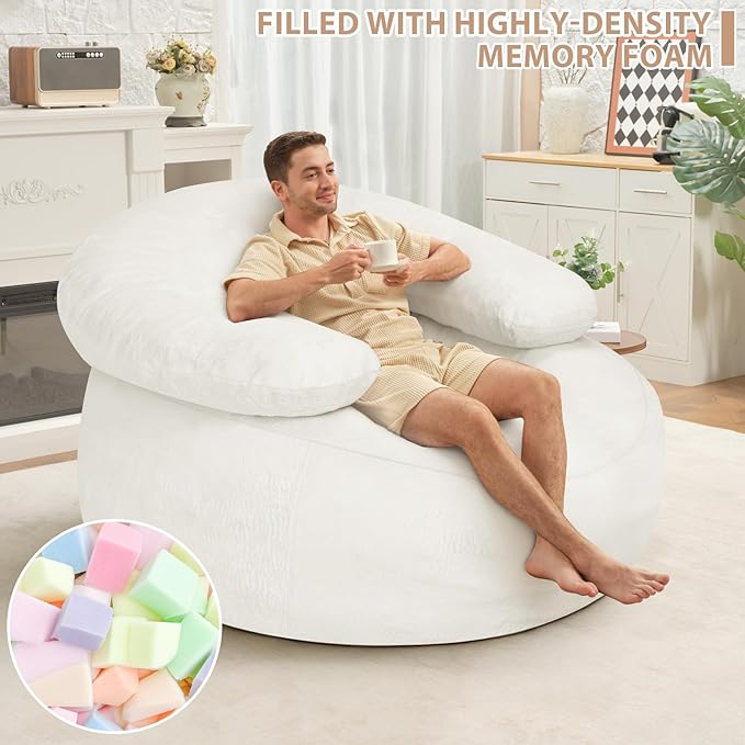 HABUTWAY Giant Bean Bag Chair Oversized Beanbag Chair with Filler Ultra Soft Faux Fur Bean Bag Lounge Floor Sofa w/U-Shaped Pillow for Gaming Reading Beige &amp Beige
