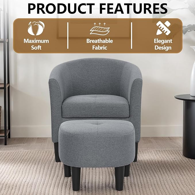 25” Fabric Upholstered Accent Chairs with Ottoman Comfy Barrel Chair with Tufted Seat for Adults Cozy Reading Chairs with Round Back for Living Room Bedroom Small Spaces (Gray) (Gray)