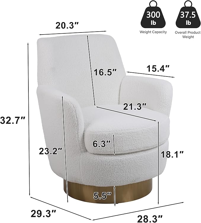 Swivel Accent Chair Modern Teddy American Design Swivel Round Barrel Chairs Upholstered Cozy Style for Living Room Bedroom Home Office (Teddy Ivory 1 Pack)