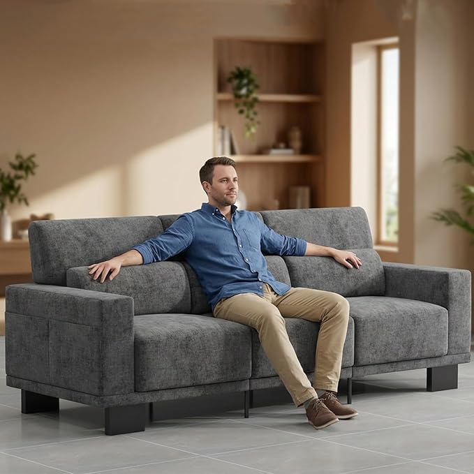Gizoon 89 Inch Modern Sofa 3-Seater Chenille Couch with Wide Armrests &amp Deep Cushions for Living Room Bedroom and Apartment Dark Grey