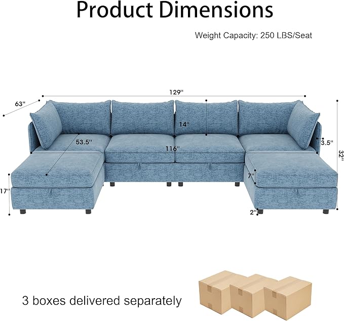 129” Modular Sectional Sofa Convertible 6 Person U Shaped Couch with Storage 2 Removable Ottomans &amp Deep Seats Memory Foam Comfy Modular Couch for Living Room (Antique Blue 6 Seat)