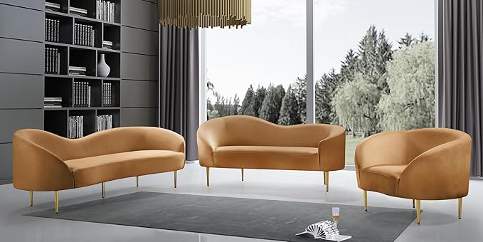 Meridian Furniture 659Saddle-L Ritz Collection Modern | Contemporary Upholstered Loveseat with Rich Saddle Velvet Gold Metal Legs Curved Contemporary Design 67 W x 31.75 D x 30.5 H Saddle