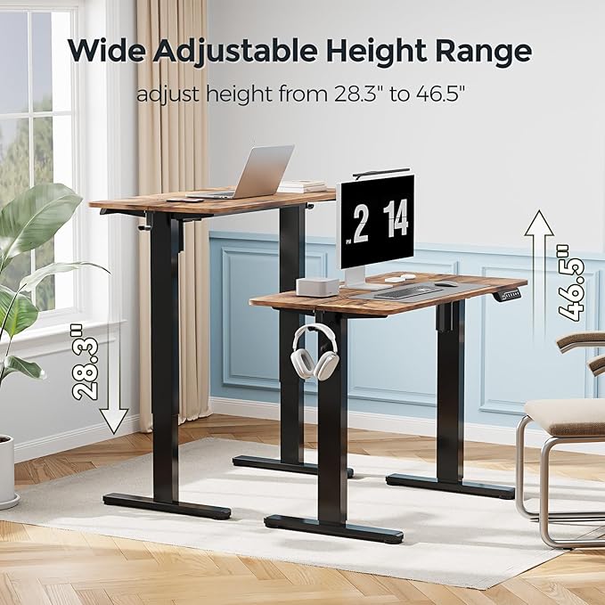 Small Standing Desk 35 ×20 Electric Standing Table Height Adjustable Compact Sit Stand Workstation with Splice Board Home Office Desk with 2 Hooks Rustic Brown