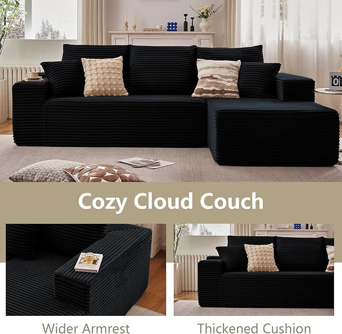 107 Modular Sectional Couches for Living Room Comfy Boneless L Shaped Cloud Couch with Chaise Lounge Modern Cozy Corduroy Deep Seat Floor Sofa Memory Foam No Assembly Required Black
