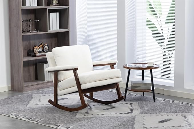 ZeHuoGe Mid Century Modern Accent Chair Rocking Chair with Wood Frame Upholstered Living Room Chairs Reading Armchair for Bedroom Sunroom (Antique White)