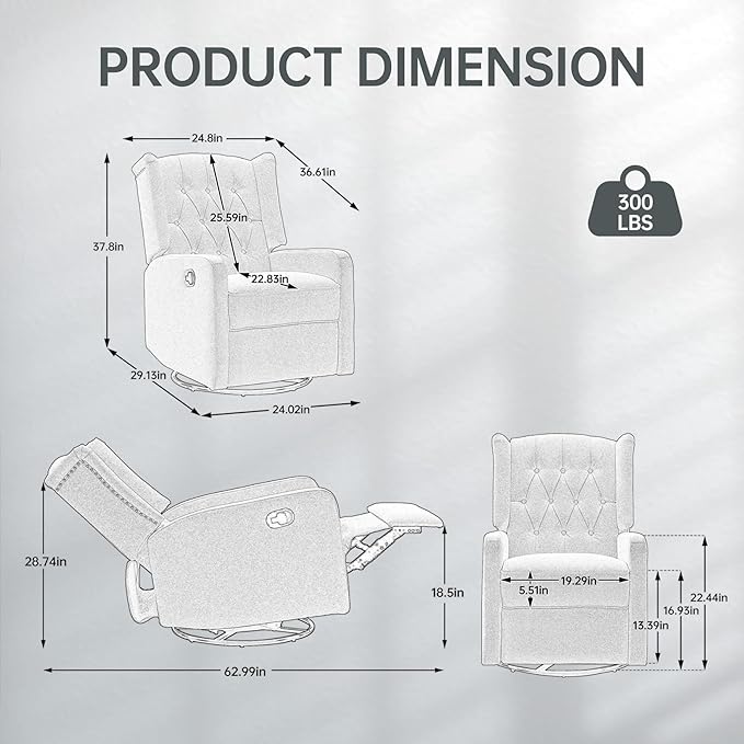 Glider Recliner Nursery Chair Cozy Linen Rocking Chair Nursery Recliner with Adjustable Button Backrest and Footrest Swivel Recliner Chair for Living Room Bedroom Office (Beige)