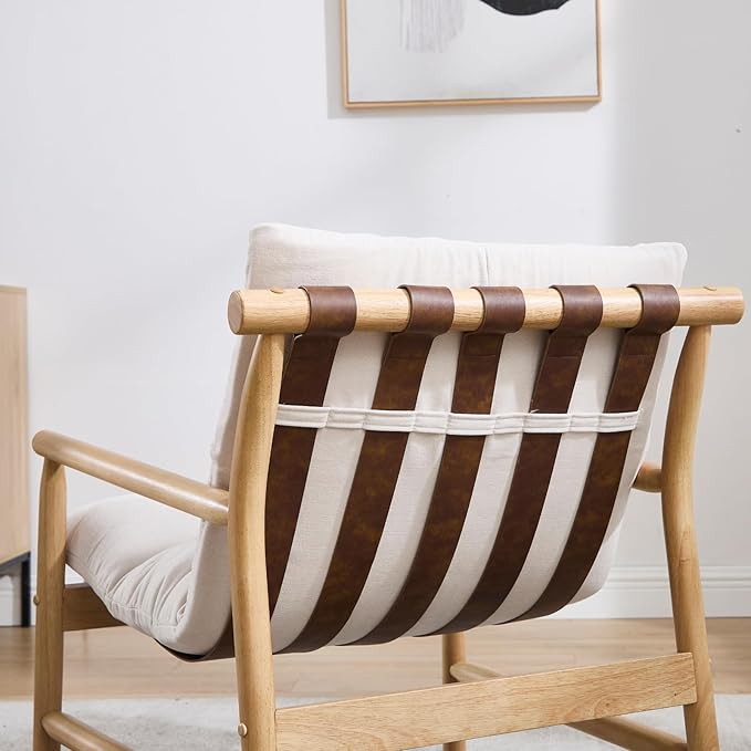 Modern Accent Chair Upholstered Armchair - Solid Wood Lounge Chair with Removable Cushion Low Back Reading Chair for Living Room/Bedroom/Balcony Chenille Sofa Chair (Easy Assembly)Off White