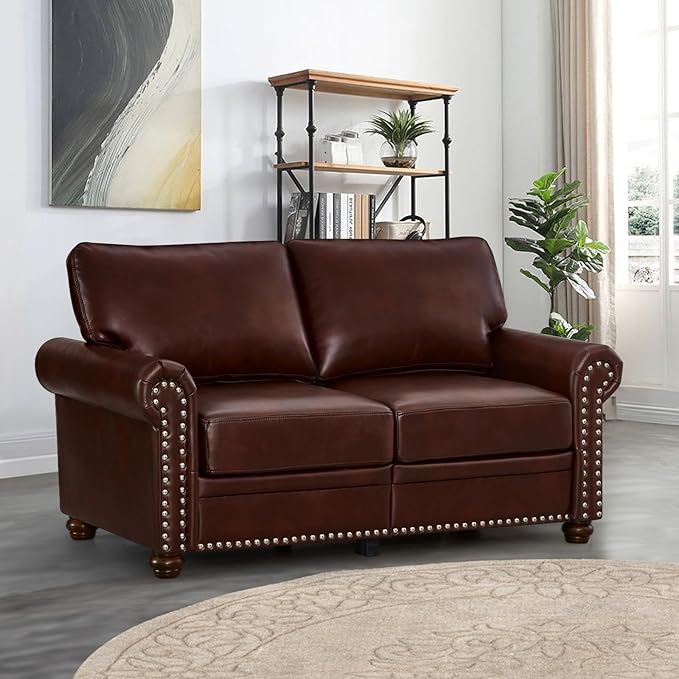 2 Piece Faux Leather Sofa SetModern Chair and Loveseat Sets with StorageMid Century Couch with Rivet Rolled ArmComfy Deep Seat SofaFurniture for Living RoomOffice(Armchair+LoveseatBurgundy)