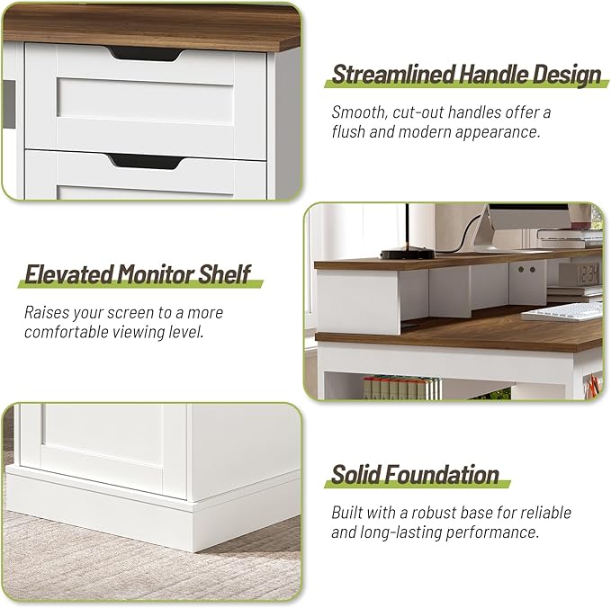 55inch Farmhouse Executive Desk with 2 Drawers and File Cabinet Computer Desk with 3-Tier Storage Shelves Home Office Desk with Charging Station Pegboard and Monitor Shelf White and Walnut