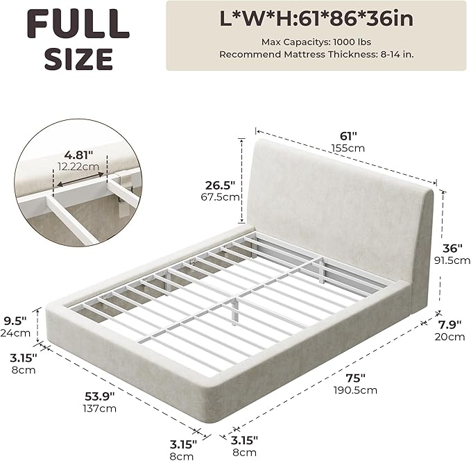 RECCI AirFrame Full Size Bed Frame with Ergonomic Angled Foam Cushioned Headboard Minimalist Design Platform Bed Frame No Box Spring Needed Easy Assembly (Beige Chenille)
