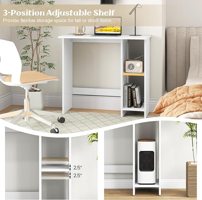 31.5 Small Desk Wooden Home Office Desks Compact Writing Study Work Table with Adjustable Shelf Modern Makeup Vanity for Bedroom Computer Workstation for Small Space (White)