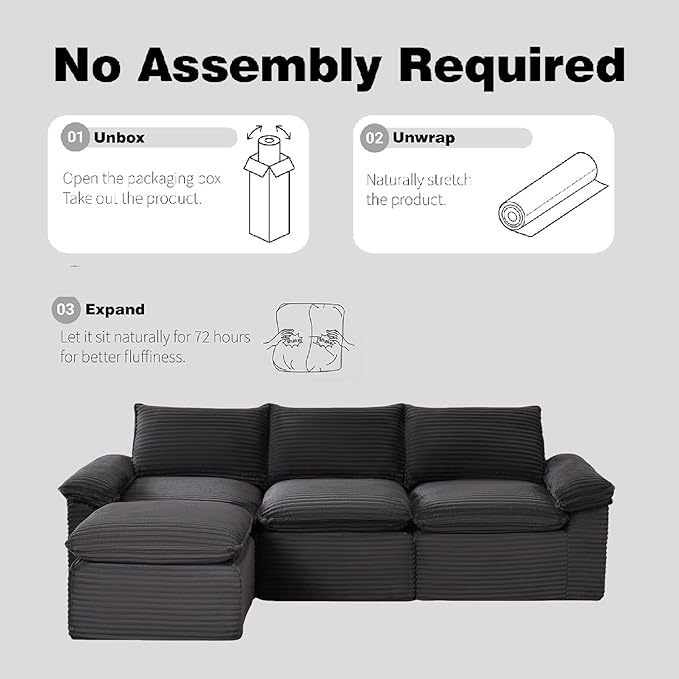 Modular Cloud Couch - Boneless L Shaped Sectional with Ottoman 3 Seater Corduroy Couch for Living Room Soft Plush in a Box (Gray L Shaped-3 Seater+1 Ottomans)