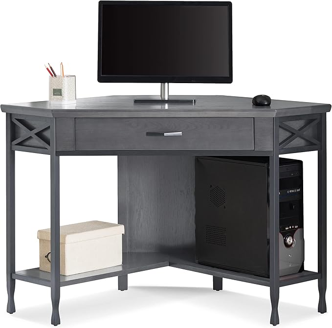 Bowery Hill Corner Computer/Writing Desk Matte Black Metal Base 48D x 24.5W x 30H Sturdy Wood Construction X-Side Design Drop Down Drawer Front Space-Saving Home Office Desk with Lower Shelf