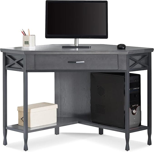Bowery Hill Corner Computer/Writing Desk Matte Black Metal Base 48D x 24.5W x 30H Sturdy Wood Construction X-Side Design Drop Down Drawer Front Space-Saving Home Office Desk with Lower Shelf