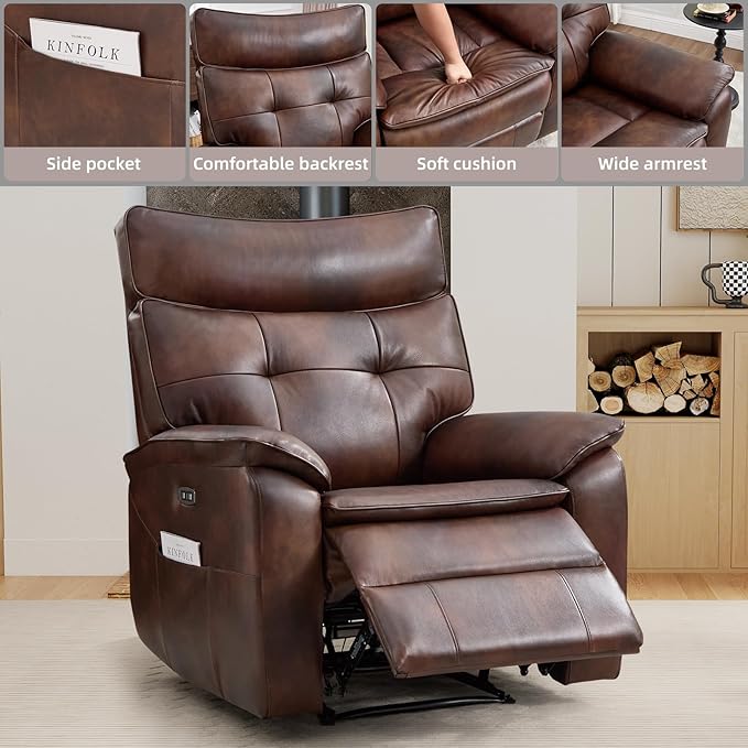 CANMOV Genuine Leather Recliner ChairPower Recliner Chair for AdultsElectric Single Reclining Sofa with Overstuffed Armrest and Backrest for Living RoomBrown