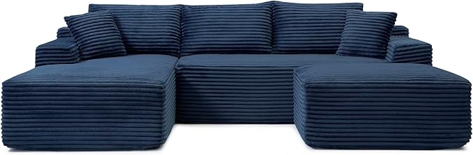 KEIKI 3 Seater Corduroy Boneless Modular Sectional Couch Sofa with Oversized Chaise Lounge Ottoman &amp Back Cushions Deep Seat Modern L-Shape Cloud Compressed Sofa Couches for Living Room Bedroom