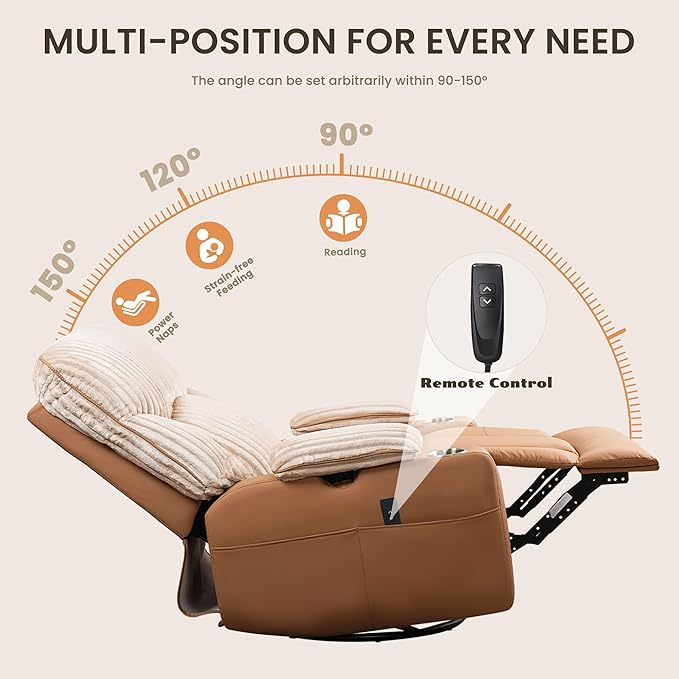 GRAINELL Rocking Chair Nursery Electric Swivel Recliner Glider with Adjustable Armrests Nursing Chair with USB Charger Cup &amp Blanket Holders Brown Corduroy &amp PU Leather