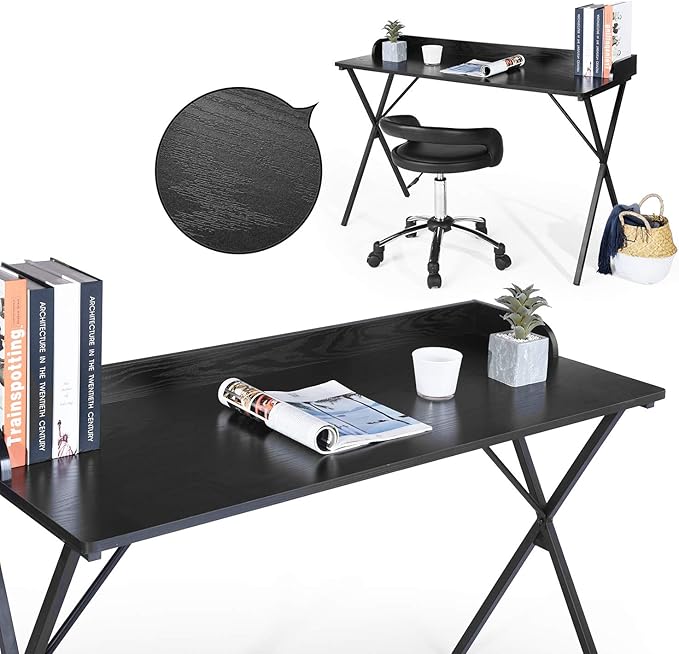 FurnitureR Home Office Writing Desk with Baffle 47.2 Computer Study Desk with X-Shaped Metal Legs Modern Laptop PC Table for Small Spaces Black