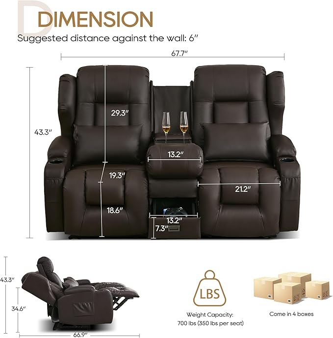 DRMBOOK RV Loveseat Recliner Sofa Double Wall Hugger Reclining Couches Manual Reclinable Movie Seating 2 Person Recliner for Travel Trailer (Leather Brown 2 Seater with Reversible Console)