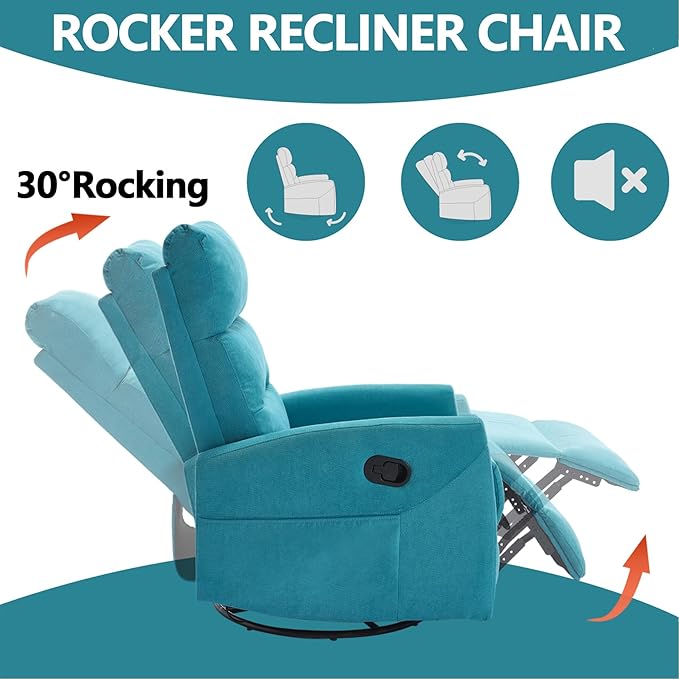Slim Lazy Boy Recliners for for Adults Swivel Rocking Chair Recliner with High Back Small Recliner Chair for Small Spaces Manual Reclining Chair for Living Room Adjustable Footrest (Blue)