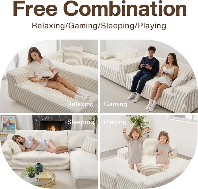 106'' Modular Sectional Sofa L-Shaped Boneless Cloud Couch with Chaise Lounge 4-in-1 Flexible Combination Faux Rabbit Fur &amp Layered Cushion Deep Seat No Assembly Beige Right Facing Chaise