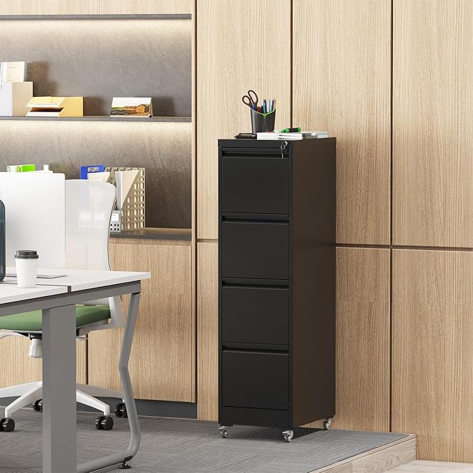 4 Drawer File Cabinet with WheelsMetal Mobile Filing Cabinets with LockBlack Vertical Heavy Duty Storage Cabinet for A4/Letter/Legal Size FileAssembly Required (Black 4 Drawer)