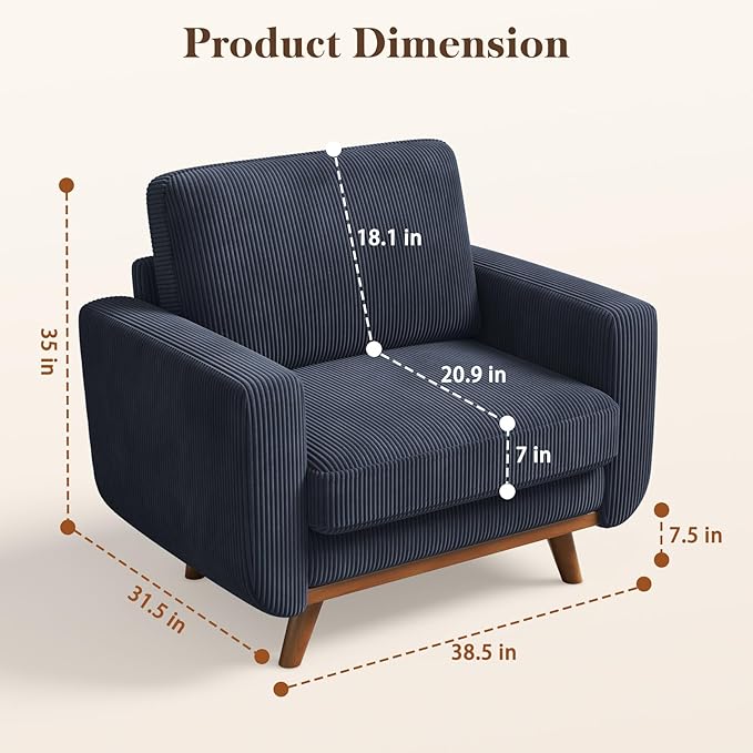 38.5 Dark Blue Corduroy Accent Chair Comfy Deep Seat Armchair with Spring Cushion Modern Reading Sofa for Living Room Bedroom