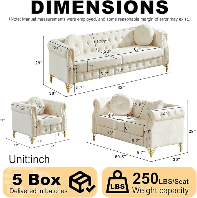 Antetek Set of 3 Chesterfield Sofas Oversized Mid Century Modern Sofa Couch with Button Tufting &amp Rolled Arms Comfy Upholstered Velvet Deep Seat Couch Set for Living Room Office Beige(3 Pieces)