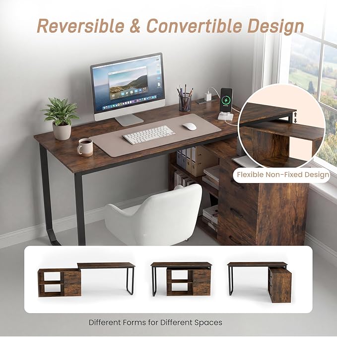 GOFLAME Reversible L Shaped Computer Desk with Charging Station 55” Home Office Desk with 3 Drawers 3-Level Adjustable Shelf Convertible Study Writing Desk for Small Space Rustic Brown