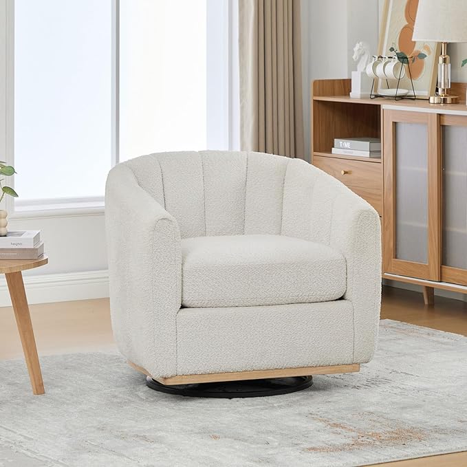 32 W Swivel Barrel Chair Boucle Chenille Accent Chair Upholstered Tufted Club Armchair Single Sofa Chairs with Metal Base for Living Room Family Room Bedroom Lounge Area Office (Ivory)