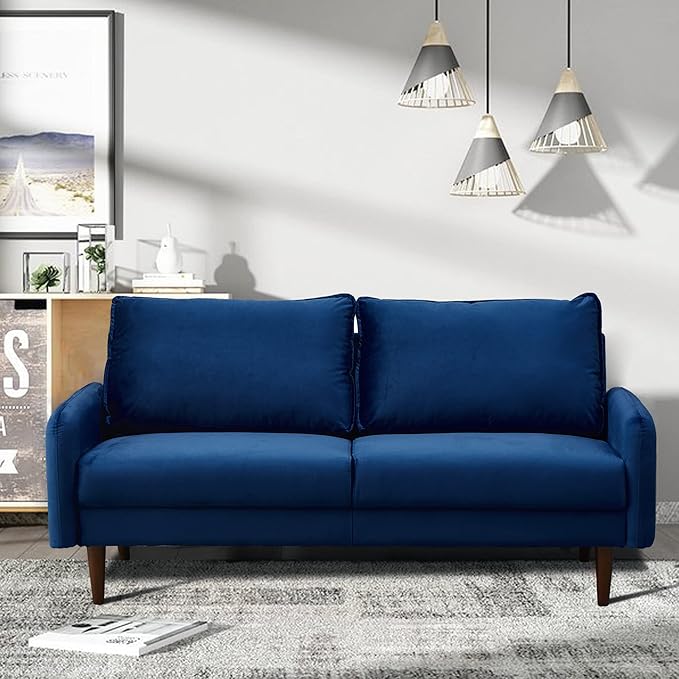 INSTORY Velvet Sofa Mid-Century Modern Couch with Wooden Legs for Living Room - Space Blue
